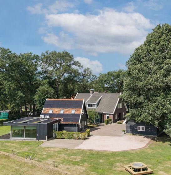 Het erf in vogelvlucht, met het landhuis en kantoorgebouw tussen de bomen